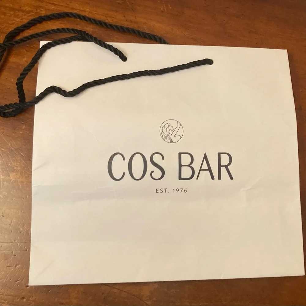 Cos Bar logoEst. 1976 white gloss tote bag black string handles cardboard insert